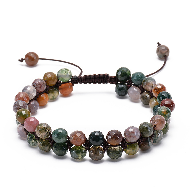 Handmade Natural India Agate Faceted Beads Double Layer Woven Bracelet Adjustable Braided Drawstring Stone Jewelry for Women Gift