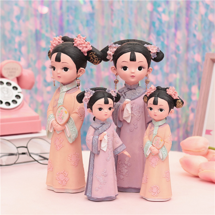 Retro Chinese Palace Style Girl Resin Figurine Q-Version Ancient Character Ornament For Desktop Living Room Decor Creative Handicraft Gift