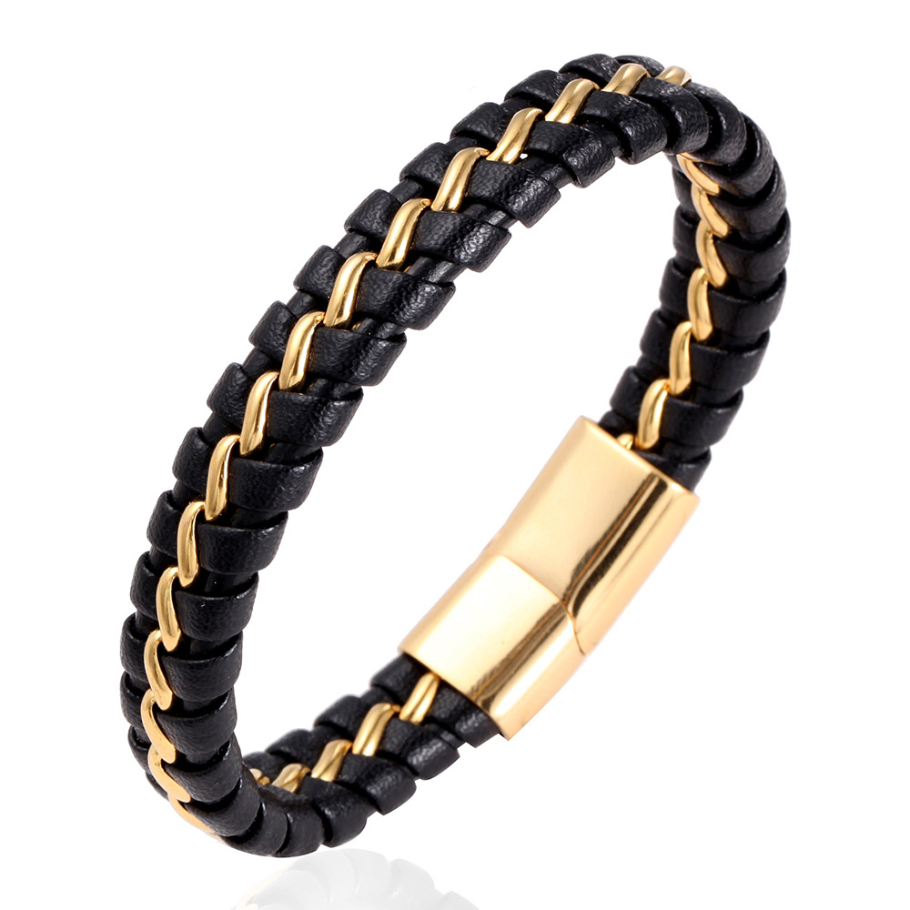Men Braided Leather Bracelet With Stainless Steel Chain And Gold Magnetic Buckle Fashion Jewelry