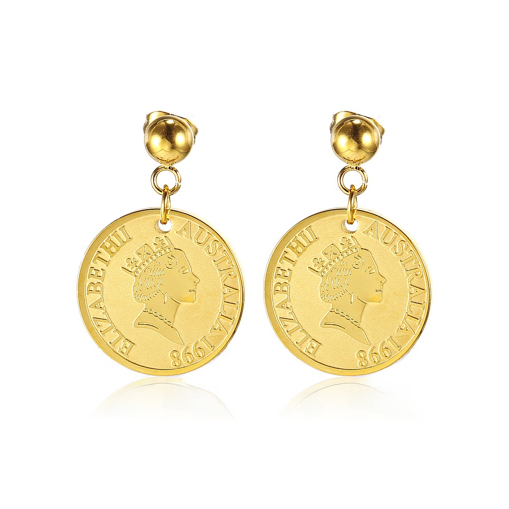 Vintage Elizabeth II Coin Drop Earrings Stainless Steel 18K Gold Plated Australia 1998 Portrait Minimalist Stud Earrings for Women Retro Fashion Jewelry Gift