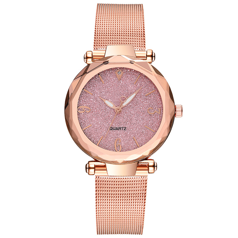 Women's Fashion Starry Sky Quartz Watch Rose Gold Stainless Steel Mesh Band Glitter Dial Diamond Cut Glass Casual Ladies Wristwatch