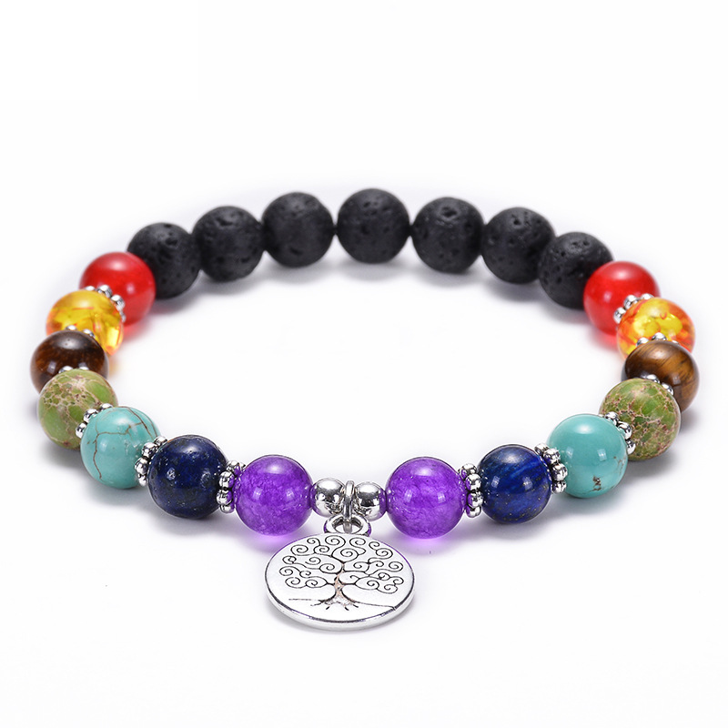Hot Selling Colorful Stone Beaded Bracelet Tree Of Life Lotus Om Pendant Bracelet Volcanic Stone Bracelet