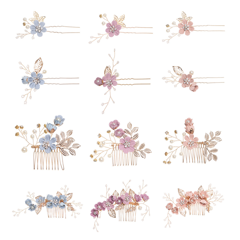 Handmade Bridal Flower Hair Comb and Pin Set Fabric Leaf Pearl Rhinestone Wedding Hair Accessories for Women Elegant Forest Style Headpiece
