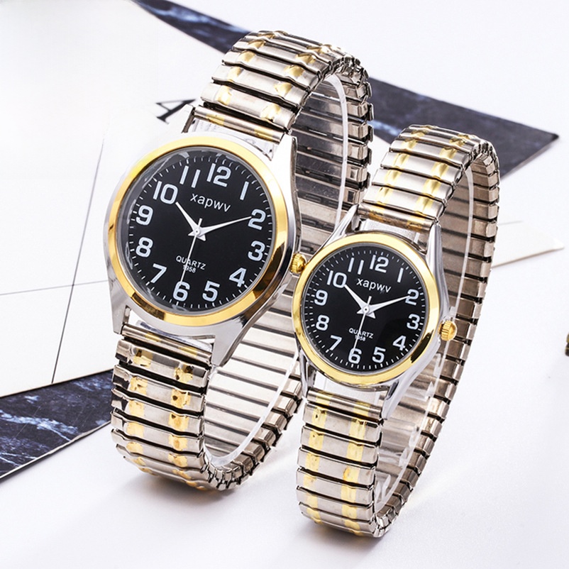 Classic Couple Quartz Watch With Elastic Stainless Steel Band Large Arabic Numerals Easy To Read Vintage Casual Wristwatch For Men Women Elderly Gift