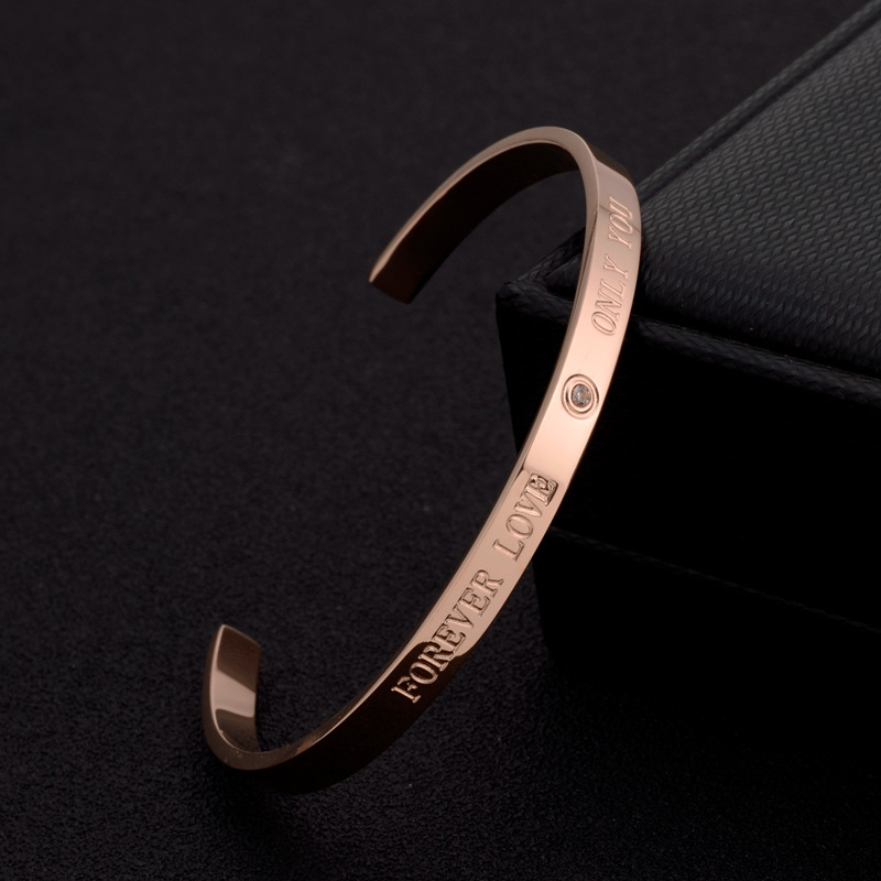 Forever Love Only You Rose Gold Stainless Steel Open Bangle With Zirconia Cuff Bracelet For Women Minimalist Fashion Jewelry Romantic Gift