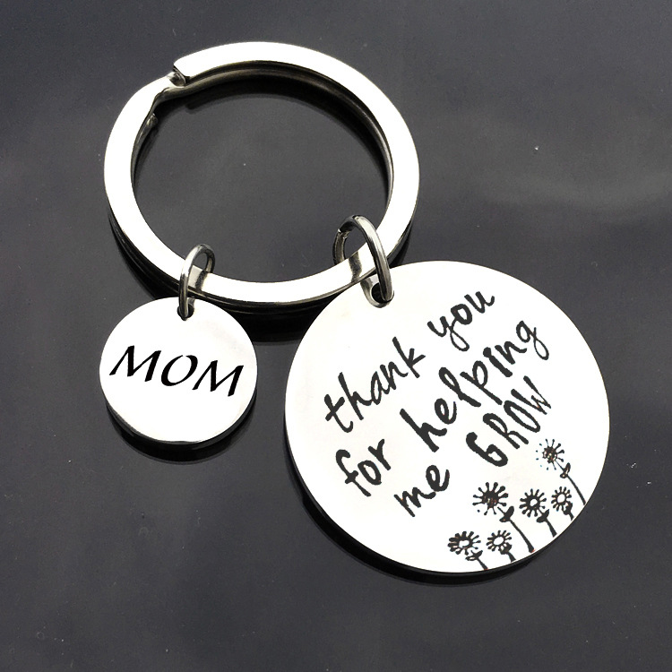 Stainless Steel Keychain Thank You For Helping Me Grow Lettered Keyring For Mother's Day Father's Day Gift Silver Flower Pattern Pendant Keychain For Mom Dad
