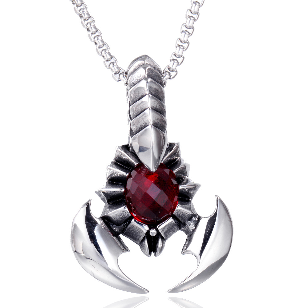 Scorpion Pendant Necklace Stainless Steel With Red Black Faceted Gemstone Goth Punk Jewelry For Men