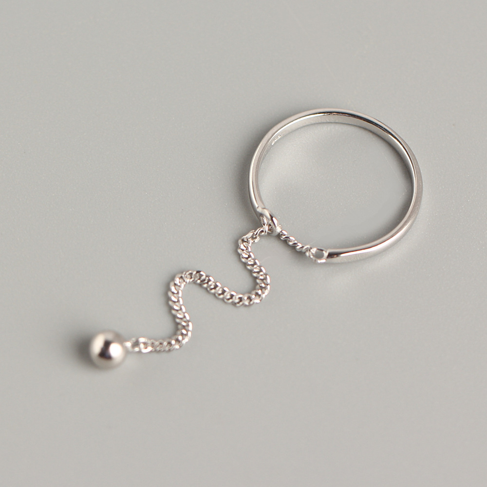 Minimalist S925 Sterling Silver Adjustable Open Ring Featuring Elegant Chain Tassel And Polished Round Bead Pendant Stylish Jewelry Gift For Women
