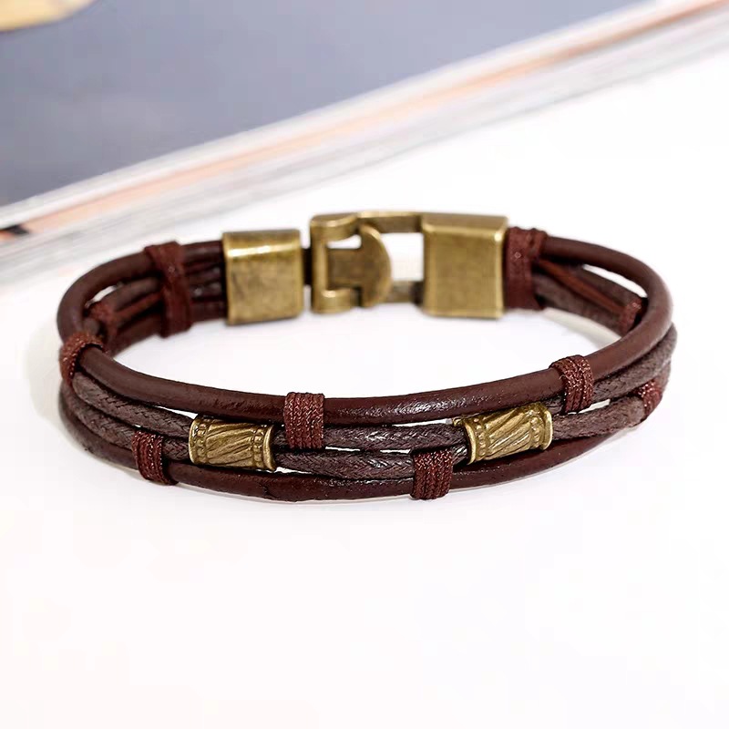 Multi-Layer Braided Leather Bracelet With Retro Alloy Metal Buckle Handmade Vintage Rugged Wristband Jewelry Gift For Men Women Unisex Brown Black