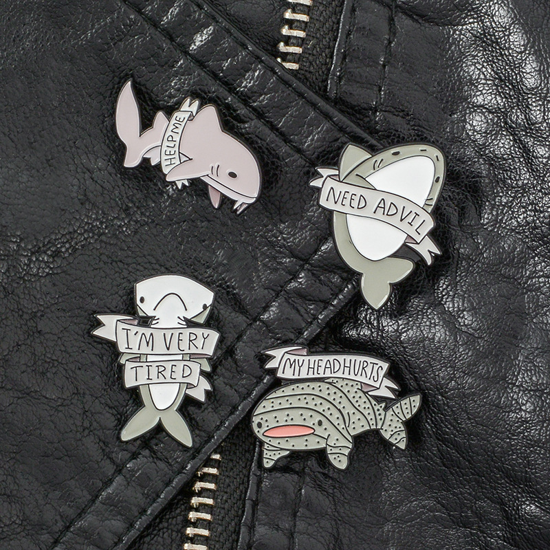 4Pcs Funny Shark Enamel Pin Set Cartoon Animal Alloy Brooch With Humorous Slogan Help Me Need Advil Pins For Backpack Clothing Jacket Accessories Men Women