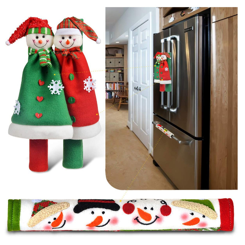 Christmas Snowman Refrigerator Handle Covers 3PCS Set Xmas Microwave Oven Handle Sleeve Protective Cloth Holiday Home Kitchen Decoration