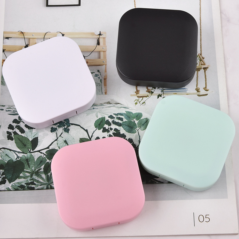 Frosted Matte Plastic Square Contact Lens Case Kit With Mirror Solution Bottle Tweezers Suction Stick Portable Travel Eyewear Care Storage Set For Women