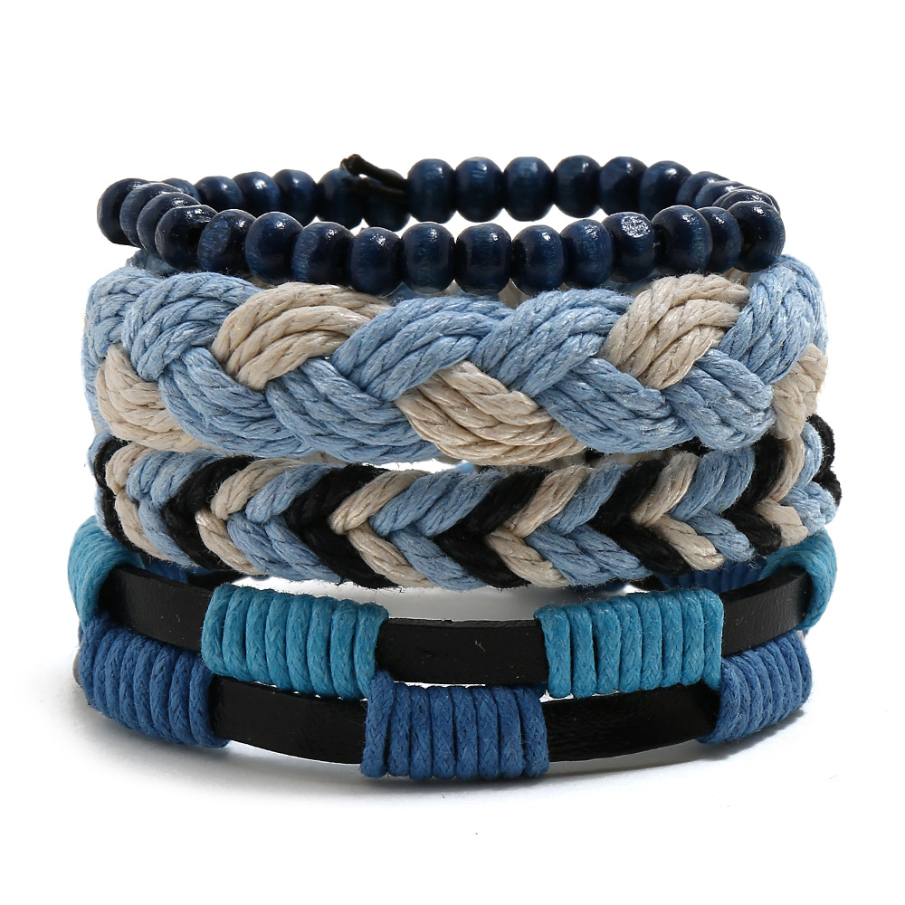 Multilayer Woven Bracelets Cowhide Leather Wood Beads Hemp Rope Adjustable Punk Bohemian Vintage Jewelry Men Women
