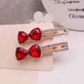 Paire de barrettes cœurs rouges avec cristaux et monture en or rose - Rouge