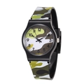 Detail view of quartz watch featuring green camouflage print strap and black round case - Camo Green