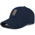Navy blue cotton baseball cap featuring an embossed brown leather logo patch on the front - Navy Blue with Brown Label (Coffee Edge)