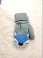 Grey knit winter mittens for kids featuring a blue and white cute fox pattern - About 3 years old / Gray