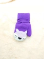 Purple knitted toddler glove with white fox embroidery on soft beige fleece surface - About 3 years old / Purple