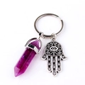 Detail of amethyst crystal pillar and silver Hamsa Hand pendant on an alloy keychain - Purple Crystal