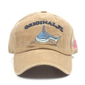 Close-up of shark embroidery and American flag patch on washed khaki cotton baseball cap - Adjustable / Khaki