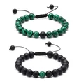 Close-up of adjustable lava and turquoise beaded bracelets with braided cord - Green & Black Malachite Set (Set 5)