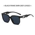 Square black frame sunglasses with dark gray lenses and stylish hollowed-out temples - Black Frame Black Grey Lens