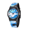 Detail of blue camouflage silicone kids watch with clear Arabic numeral dial and strap - Blue Camo