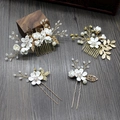Set da sposa 4 pezzi con pettini per capelli, perle bianche e foglie dorate eleganti - Set 1 (4 pezzi) / Bianco