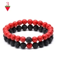 Detail of 8mm lava rock and turquoise bead bracelets with complementary red and black colors - Red Crackle & Lava Stone Bracelet Set (Combo 3)