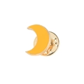 Detail of yellow enamel moon brooch with golden metal trim and secure back clasp pin - Moon