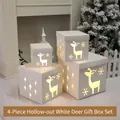 White Christmas hollow gift boxes set of 4 with reindeer patterns and warm LED lights - Hollow White Reindeer Gift Box 4-Piece Set