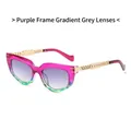 Cat eye sunglasses with purple frame, green accents and gold chain metal temples - Purple Gradient Frame Gray