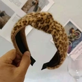 Detailed close-up of brown leopard print plush headband with soft faux fur texture - Khaki Leopard (Wrapped Ends)
