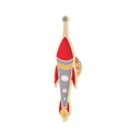 Detailed close-up of a red and grey enamel rocket brooch with a metal butterfly clutch back - Rocket