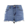 Short en jean taille haute bleu moyen pour femmes avec détails déchirés et ourlet effiloché - S / Bleu clair