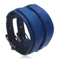 Vintage wide blue leather cuff bracelet with double brass buckles for men and women - Retro Blue