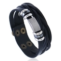Men's retro punk braided leather bracelet with silver metal charms and brass snap buttons - Black