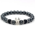 Men's crown bracelet with polished black hematite, lava stone beads, and sparkling crystals - Zirconia Crown / Crown Silver