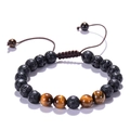 Bracciale di perle occhio di tigre e lava 8mm con cordino marrone regolabile a mano - Occhio di Tigre + Pietra Lavica