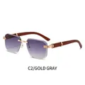 Gafas de sol cuadradas sin montura con toques dorados, lentes degradadas y patillas de madera - Montura Dorada Doble Gris (C2)