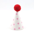 Polka dot birthday party hat in white and pink with a large red pom-pom topper - Pink Polka Dot Hat with Wool Ball
