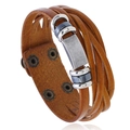 Braided brown leather bracelet for men with vintage silver accents on white background - Tan