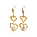 Pendientes de acero de titanio dorado con doble corazón, perlas blancas y ganchos - Dorado