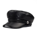 Berretto newsboy nero in pelle PU con corda intrecciata e bottone metallico argento - M (56-58cm) / Stile Corda Intrecciata (Pizzo Tutto PU)