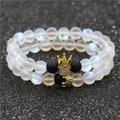 Moonstone and black agate beaded bracelet set with gold CZ micro-pave crown charms - Moonstone + Black Stone Set (NBCB0010+0009)