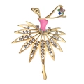 Detailed close-up of a golden ballet girl brooch with pink enamel and sparkling crystals - Ballet Dancer Style (C1044)