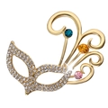 Golden masquerade mask brooch with sparkling rhinestones and colorful gemstone accents - C1039