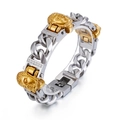 Pulsera cubana de acero inoxidable bicolor para hombre con cabezas de Buda doradas - Bicolor Oro Plata (KB105162-K)