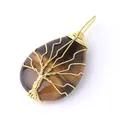 Detailed view of wire-wrapped tiger eye water drop pendant with tree of life design - Tiger's Eye Gold