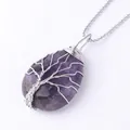 Silver wire wrapped purple amethyst teardrop pendant with tree of life design on bead chain - Amethyst Silver Necklace